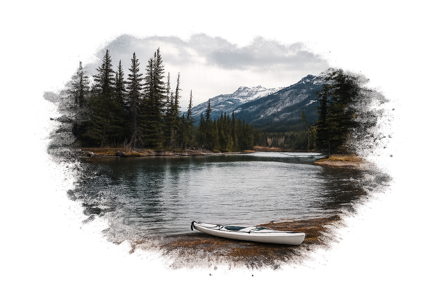 Kayaking on mountain lake with forest and alpine scenery, outdoor adventure experience